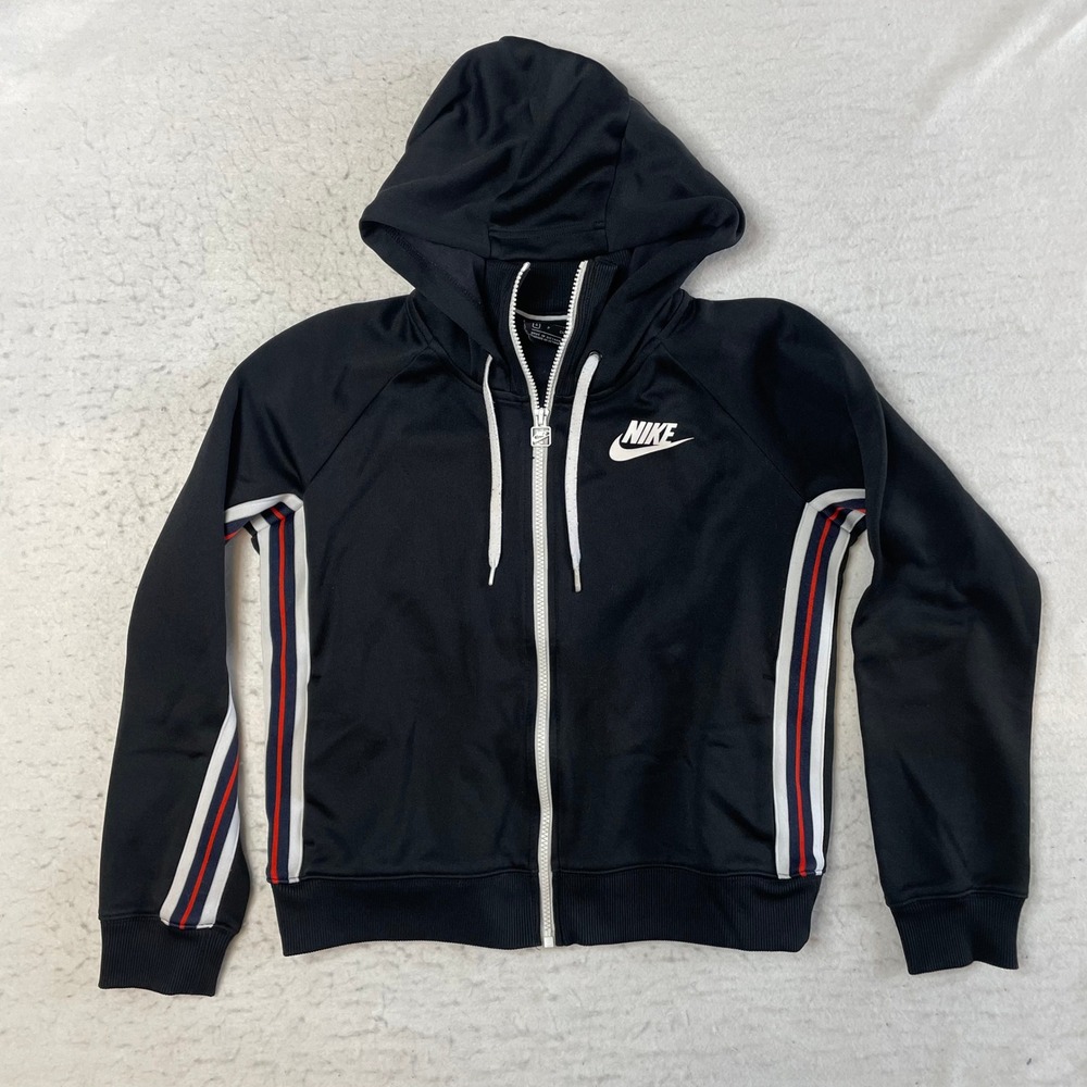 Nike Full Zip Hoodie Womens Size Small Black Striped Raglan Sleeve Track Jacket